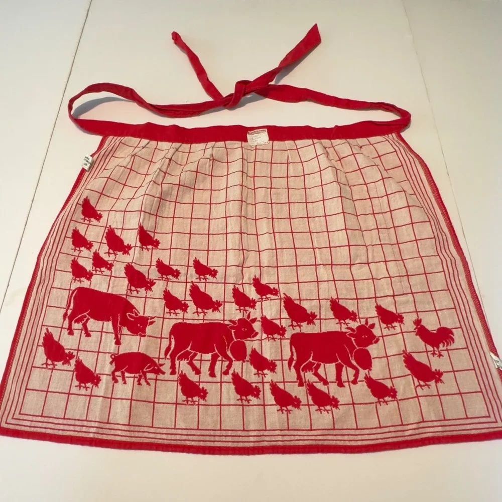Vintage Tiroler Webkunst Red Farm Animal Cotton Half Apron Made in Austria